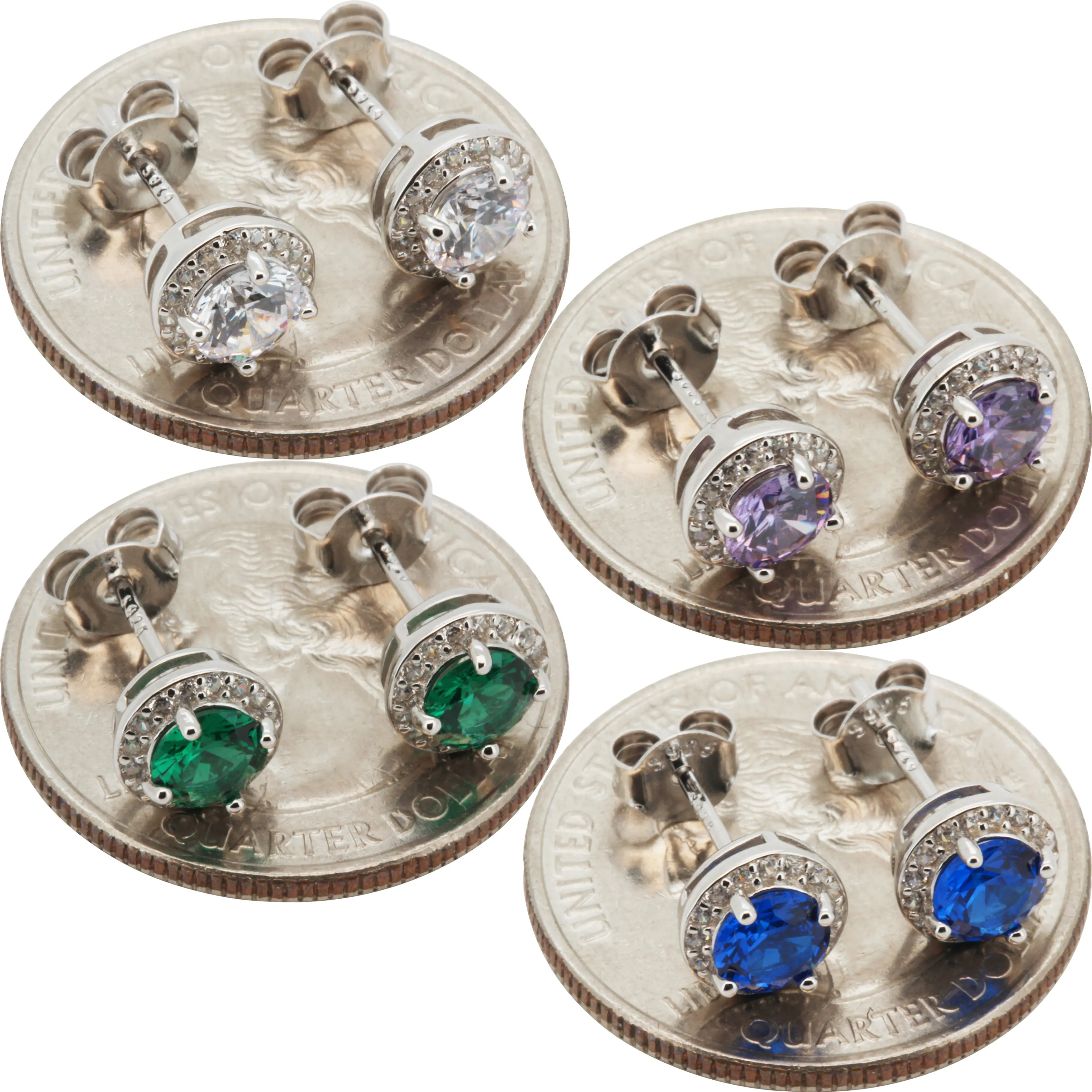 925 Sterling Silver 14k Gold Vermeil AAA Cubic Zirconia 7mm Circle Halo Birthstone Push Back Stud Earrings