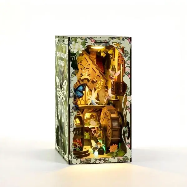Secret Forest Wood DIY Pack - 243-Piece 3D Wooden Puzzle Book Nook Kit, Bookshelf Insert, Warm LED Lights, Real Gear Mechanism, Fantasy Miniature House, Gift for Ages 14+, Fantasy Theme
