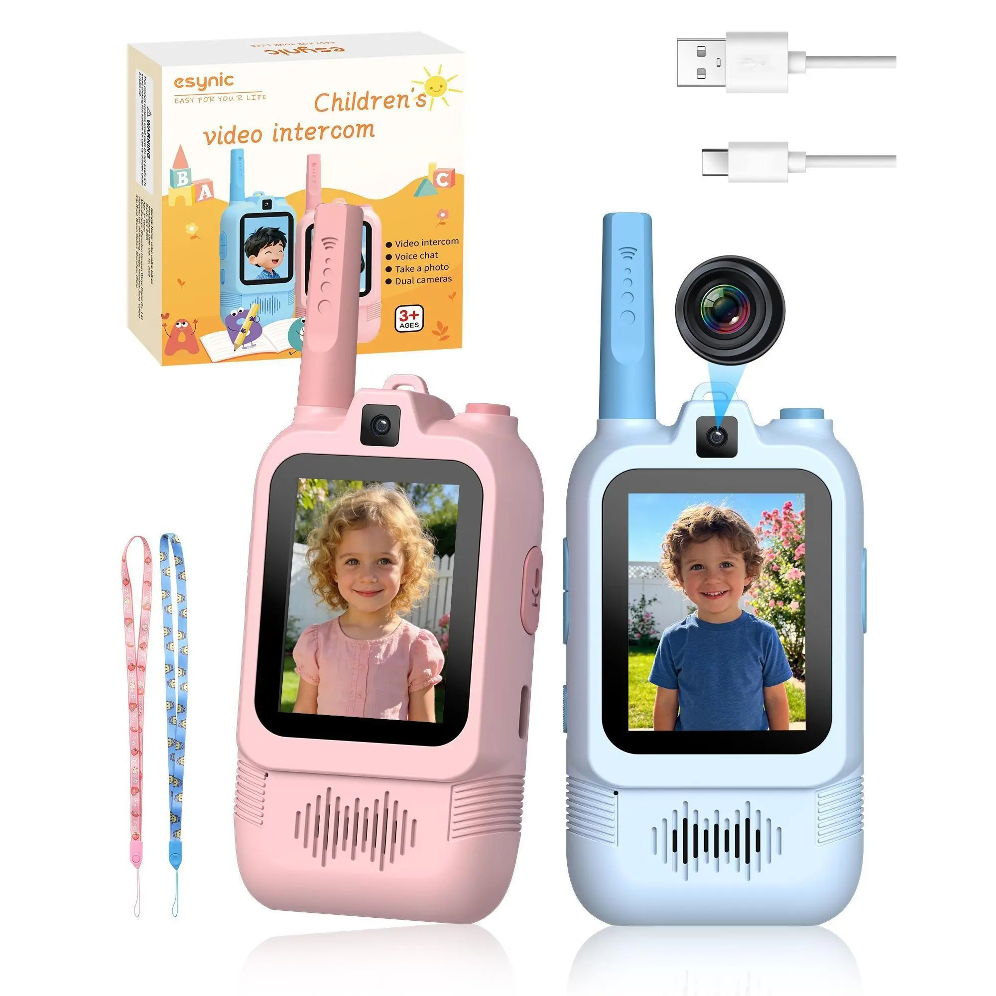 esynic 2026 Kids' Dual Camera Video Walkie Talkies Toys – 2 Pack Rechargeable Video Intercom with Front & Rear Cameras for Long-Distance Communication, Perfect for Indoor & Outdoor Play, Camping, Family Games, Ages 3-12