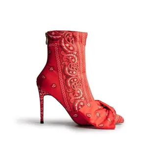 ICONIC Boot Paisley Satin with Bow Heel - 4” Heel, True to Size, Red Color - Women, Girl Shoe Walking Shoes Footwear Comfort bow