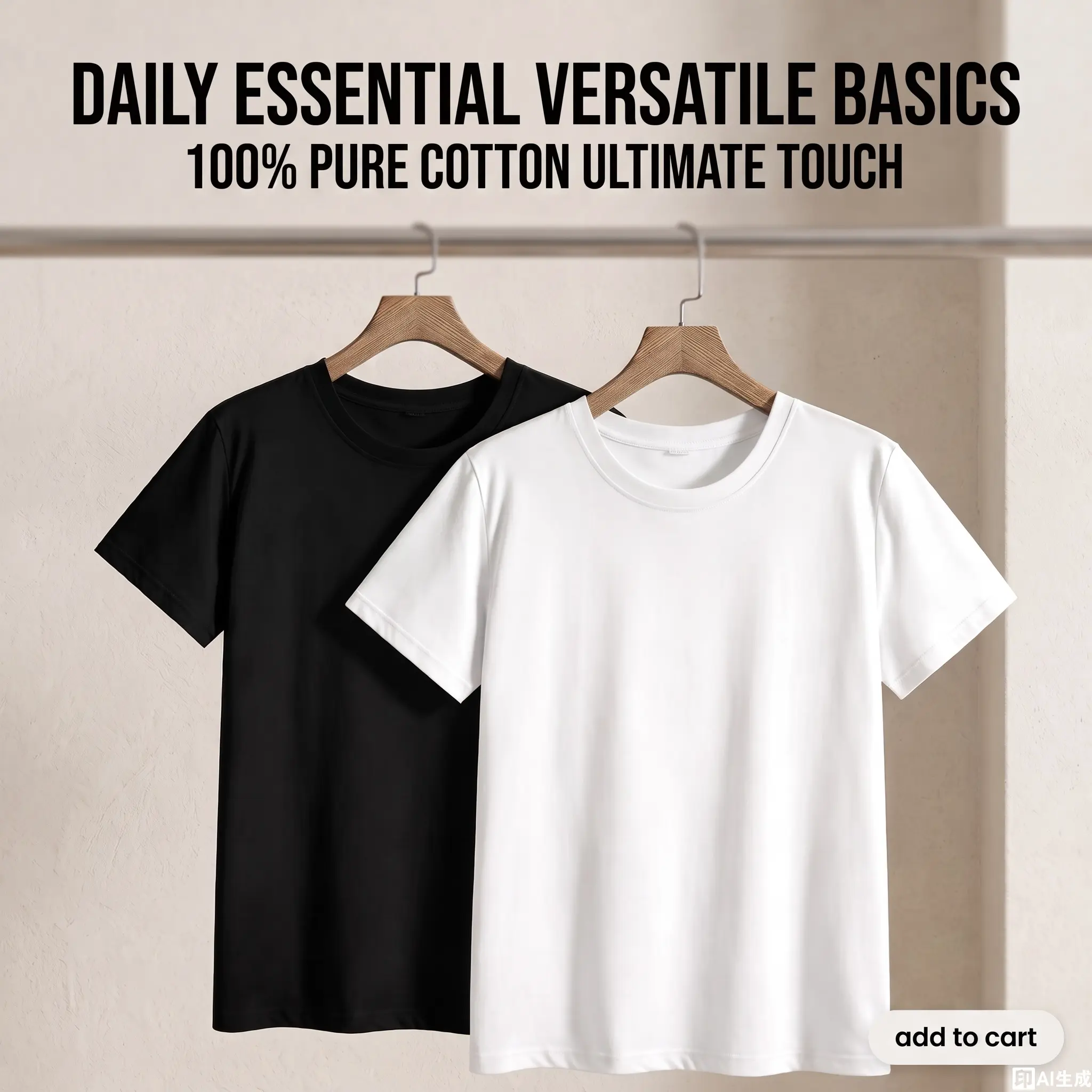 Women's Unisex 2-Pack 100% Cotton Loose Crew Neck T-Shirts, Plain White & Black Short Sleeve Basic Layering Tops, Casual Everyday Wear