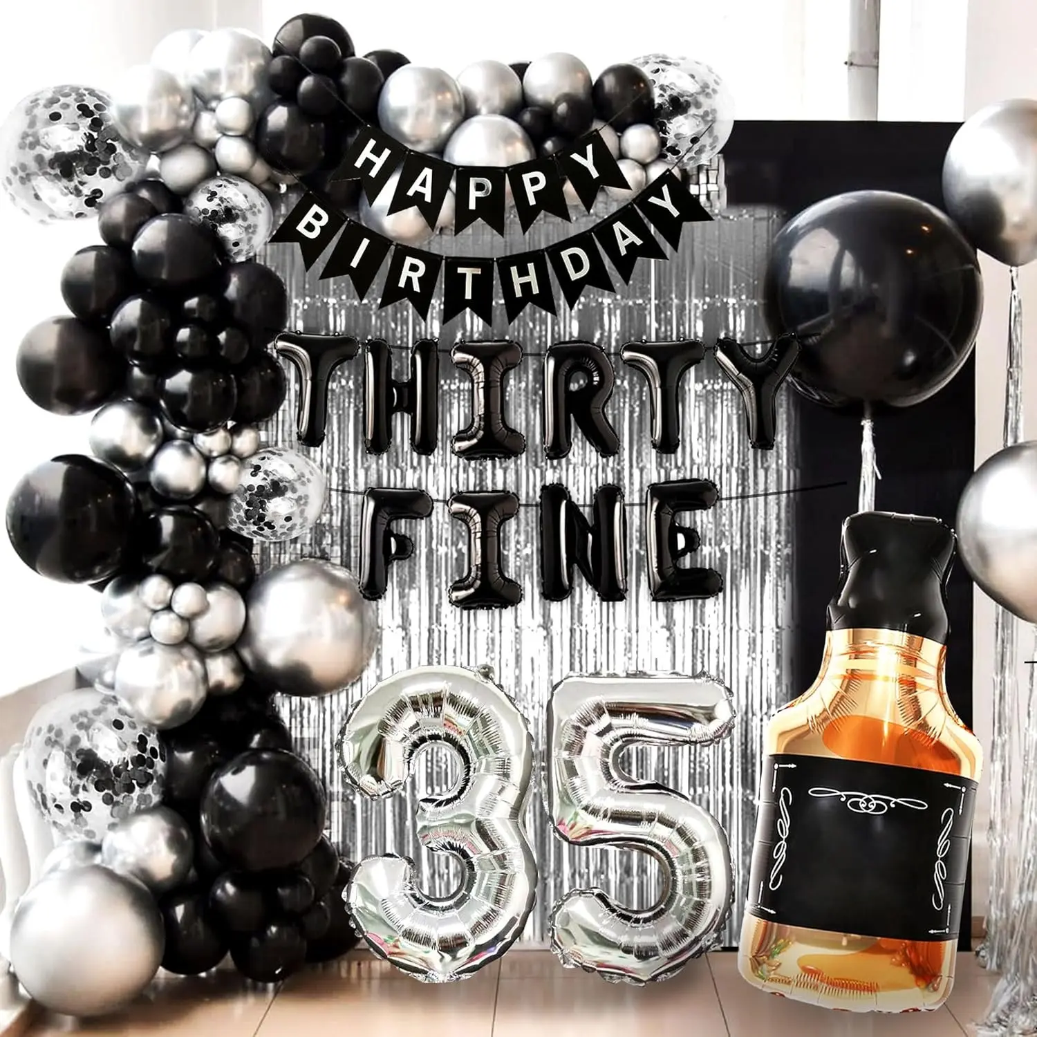 35th Birthday Party Decorations Set for Him - Fine Banner, 35 Number Balloons, Whiskey Balloons (Home & Festive Party Supplies)