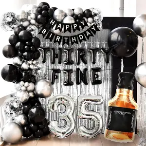 35th Birthday Party Decorations Set for Him - Fine Banner, 35 Number Balloons, Whiskey Balloons (Home & Festive Party Supplies)