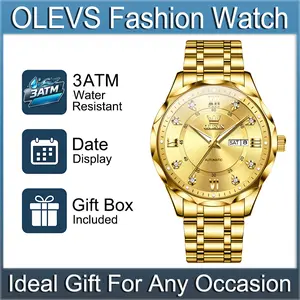 OLEVS 6727 Men's Automatic Mechanical Watch, Business Wristwatch, 42mm Golden Dial with Rhinestone Roman Numerals, Day & Date Dual Display, Luminous Hands, Water Resistant Watch, Premium Gift for Husband, Father & Daily Business Wear