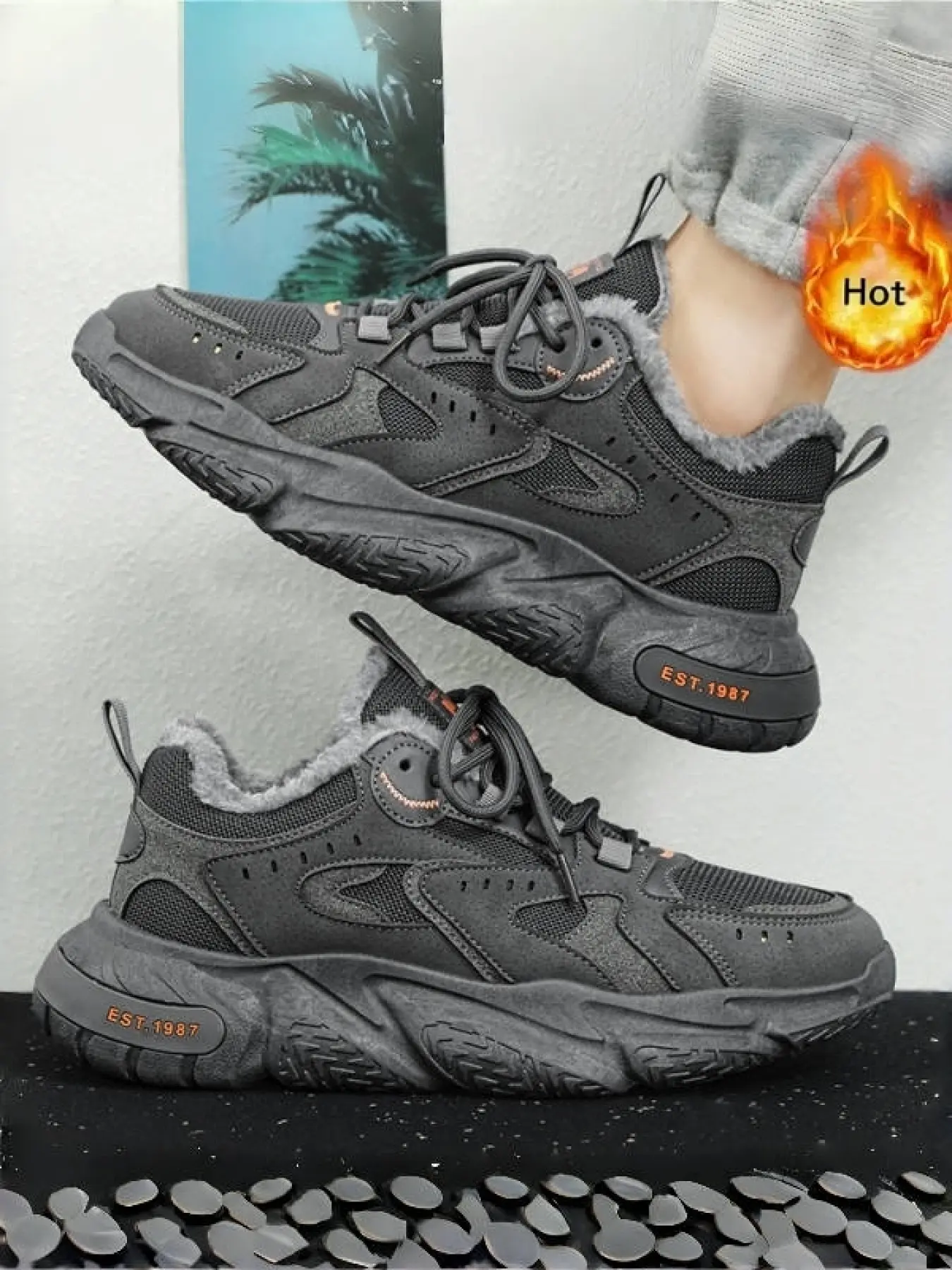Men's Black & Gray Fleece Lined Dad Shoes With Smile Decor | Winter Trendy Design | Fleece Lining | Anti-Slip Thick Sole | Smile Decoration | All-Black Versatile | Warm & Comfortable | Ideal For Winter Daily Outfit & Casual Outings