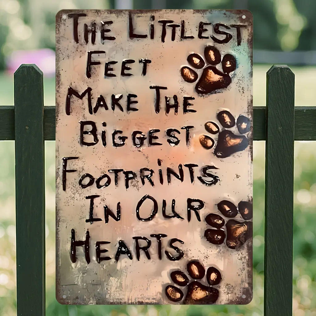 Vintage 8x12 in Durable Aluminium Farmhouse Wall Art Sign - "Footprints in Our Hearts" Rustic Metal Plaque with Paw Prints, Heart, Sentimental Home Decor for Dog Lovers, Outdoors Living Room Porch Gift