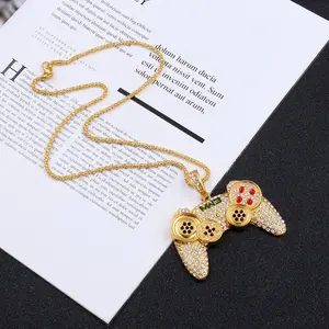 Trendy Hip Hop Game Controller Necklace, Rhinestone Inlaid Alloy Pendant for Gamers