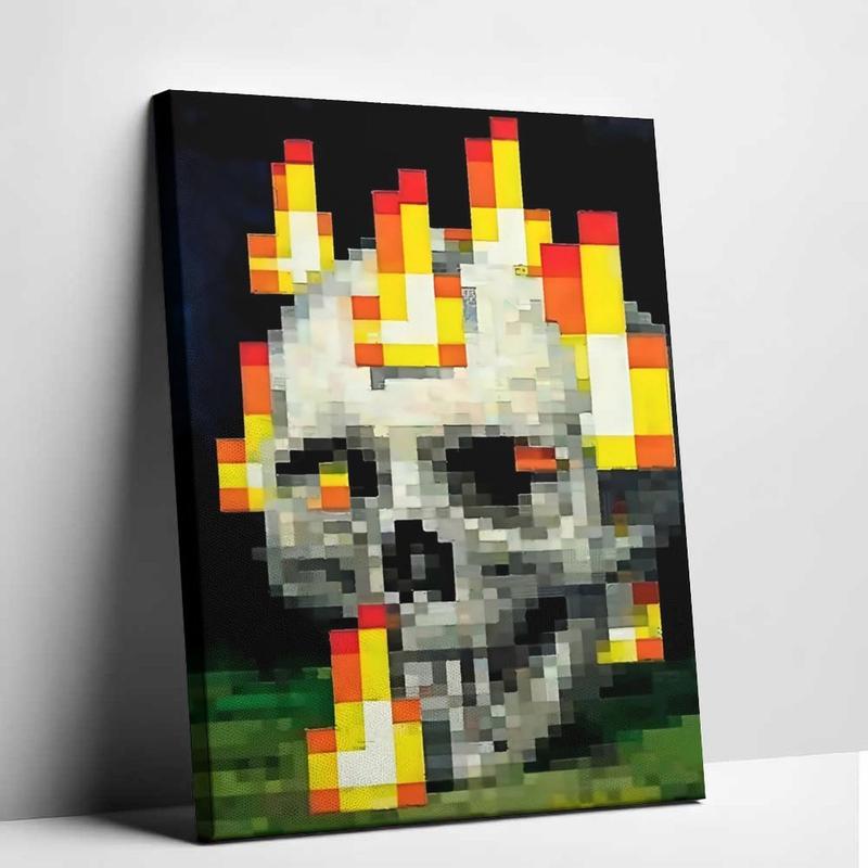 Vivid Pixel Skull Flame Canvas Poster, Art Decor Style, Indoor Wall Art, Posters And Prints, Suitable As Art Wall Painting for Bedroom, Office, Living Room, Cafe