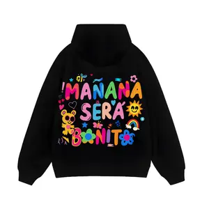 Black Hoodie Manana Sera Bonita Colorful Print With Bear Sun Rainbow And Flowers Design For Casual Wear Fit Polyester