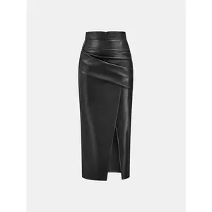 Ruched Slit PU Leather Midi Skirt