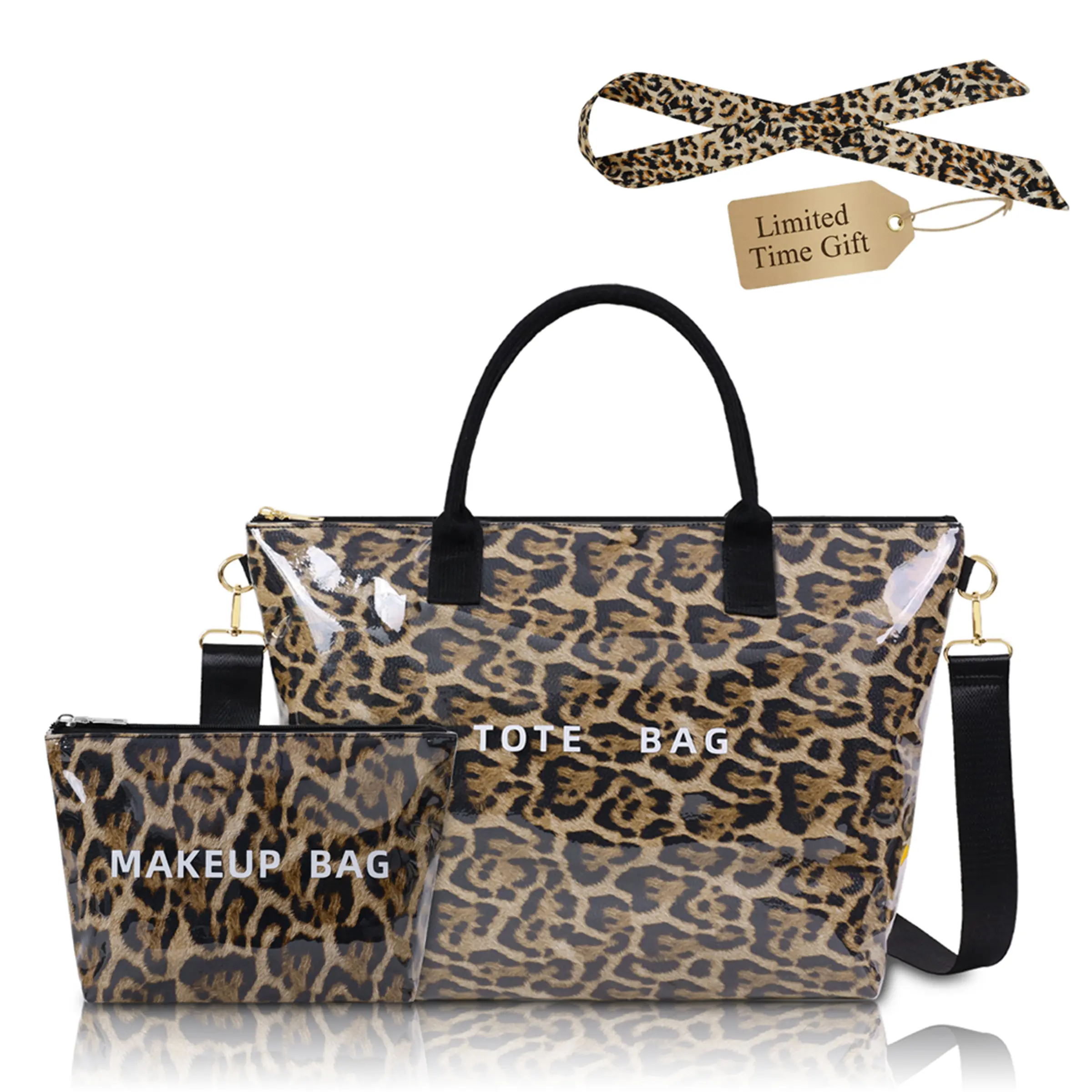 Leopard Print Tote Bag and Makeup Bag 2-Piece Set Large Capacity Glossy PVC Shoulder Crossbody Handbag for Women