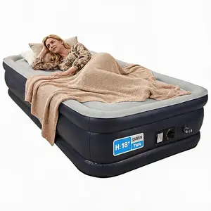 [NEW PRODUCT - FLASH SALE] Garvee 18-Inch Twin Air Mattress with Built-in Pump, Premium Elevated Inflatable Bed with Flocked Top, 300 Lbs/600 Lbs Capacity & 21-Coil/40-Coil  Support for Home Guests - Dark Blue/Grey