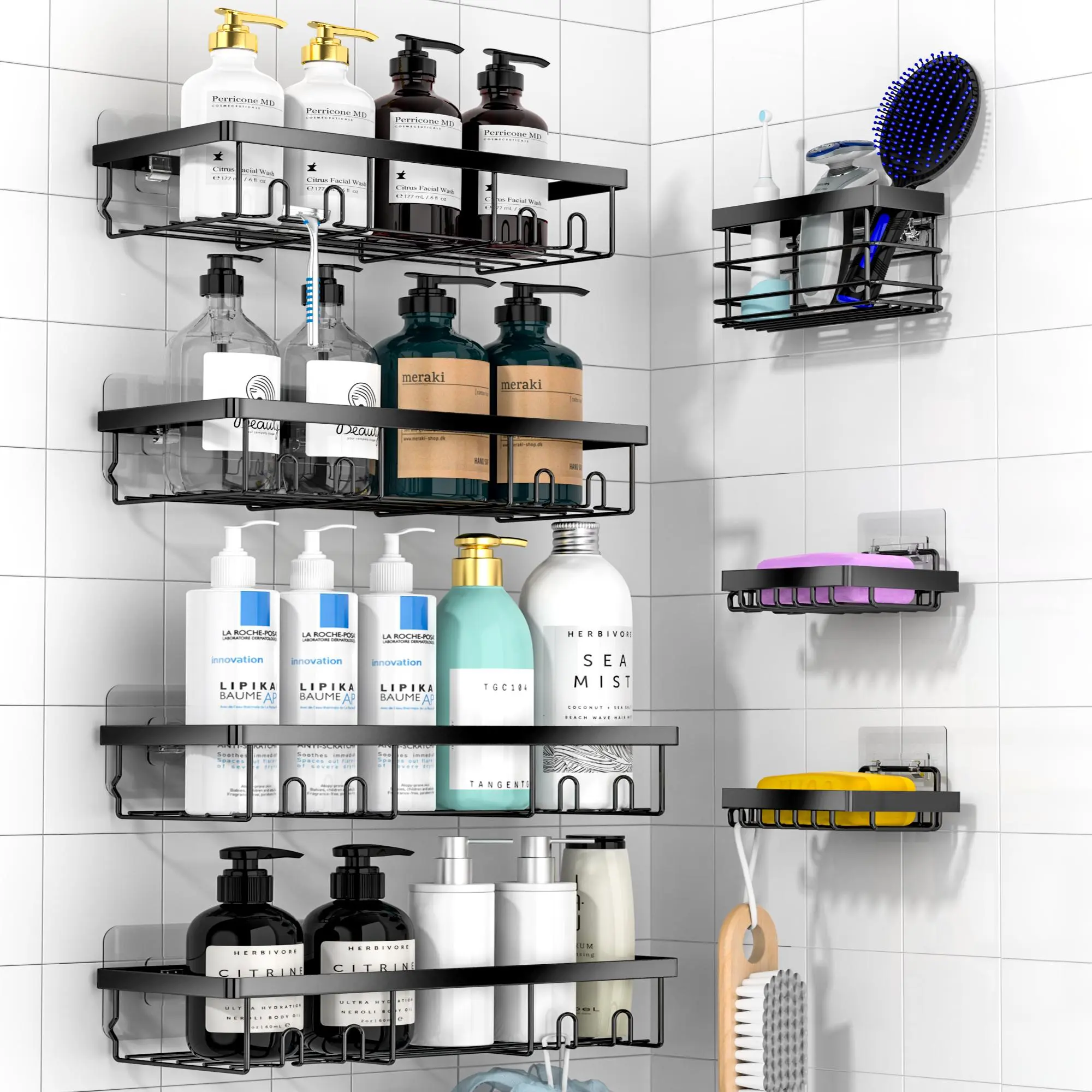 Shower Storage Rack, 7 Counts/set Metal Wall Mounted Shower Shelf, Punch-free Bathroom Storage Rack, Home Organizer for Bathroom, Kitchen, Bathroom Accessory, Bathroom Decor Supplies, Bathroom Accessories Organizer, Shower Organizers