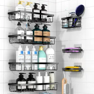 Shower Storage Rack, 7 Counts/set Metal Wall Mounted Shower Shelf, Punch-free Bathroom Storage Rack, Home Organizer for Bathroom, Kitchen, Bathroom Accessory