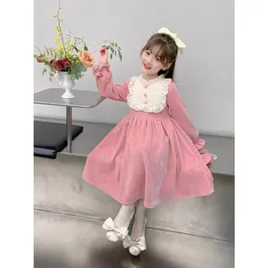Girls' and Autumn Red Princess Dress |   Doll Neck, Long Sleeve,, Loose Casual, Pleated Knee-Skirt with Contrast Collar