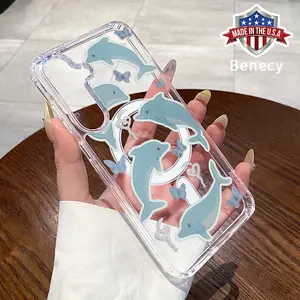 Magnetic Soft Case Compatible with Galaxy  S23 Ultra S24 Plus FE S25 S22+ Dolphin With Butterfly Pattern Anti-Yellowing Shockproof ultra-thin Silicone Crystal Transparent Acrylic Large Hole Cover Supports Wireless Charging