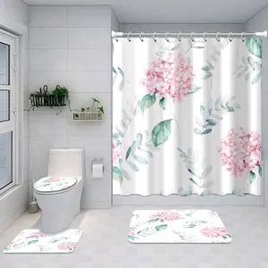 Pink Embroidered Ball & Green Leaf Shower Curtain Set with Bath Mats & Hooks