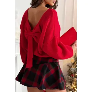 Women's Fiery Red Festive Knitting Top - Lady's Backless Bubble Sleeve Sweater