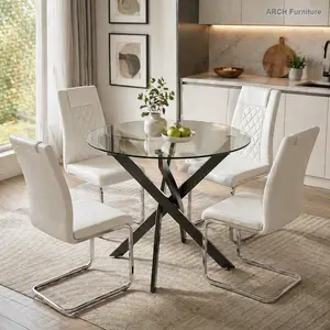 4-Person 35.5in Shatterproof Round Glass & Metal Dining Room Set, Modern Black Table with Black Legs, Soft Cushioned White Chairs - Indoor Kitchen Furniture (Separately Packed)