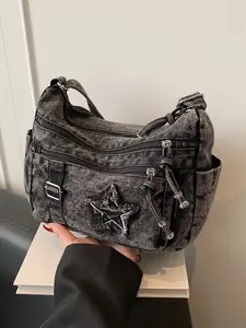 Vintage Hot Girl Style Washed Denim Star Dumpling Bag, Streetwear Full Sensation, Adjustable Shoulder Strap, Fashionable Daily Crossbody, Single Shoulder Crossbody, Denim Crossbody Bags