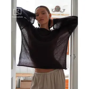 Women's Sheer Thin Spring Summer Loose-Fit Plaid Hollow Out Sweater Pullover, Casual Round Neck Batwing Sleeve Knitwear for All Seasons