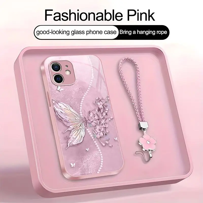 Suitable for [iPhone 12] high-end phone case，a beautiful four-leaf clover lanyard is included,exquisite and dreamy butterfly pattern,a variety of colors are available for you to choose from YM99