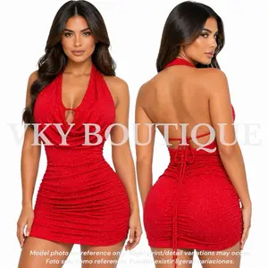 Halter Neck Bodycon Dress Glitter Ruched Mini Dress for Women AS