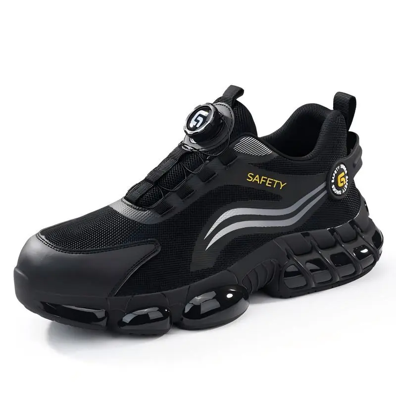 GUYISA steel toe work shoes for men, 4 mm Kevlar puncture-resistant midsole, breathable reinforced textile upper, TPU outsole, black low-top safety shoes for warehouse, factory, and workshop