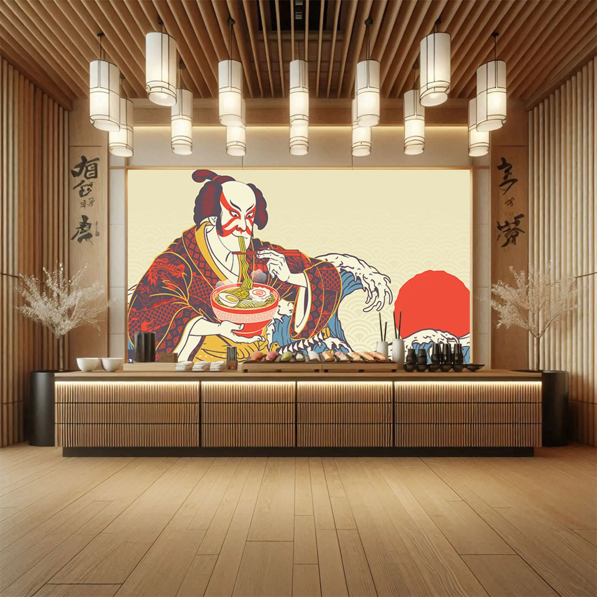 Japanese Samurai Enjoying Ramen Vector Peel and Stick Wallpaper - Ideal for Restaurant and Noodle Shop Renovation - Unique Wall Decor