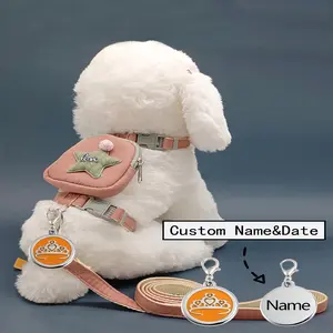 Customizable Dog Leash and Collar Set with Personalized Name Tag, Embroidered Design, Adjustable Chest Straps for Small to Medium Dogs, Secure & Stylish Pet Walking Gear, Dog Collar