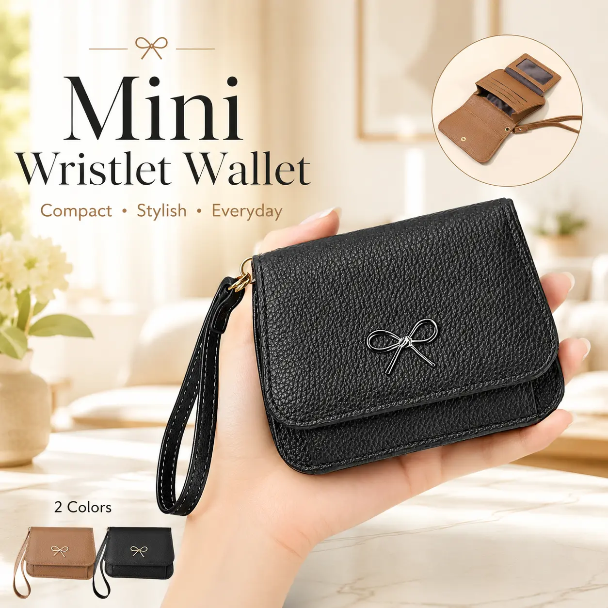 Cute Bownot Small RFID Wristlet Wallet for Women, Slim Trifold Credit Card Holder with Secure Zipper Coin Pocket, Compact Purse for Everyday Carry & Travel