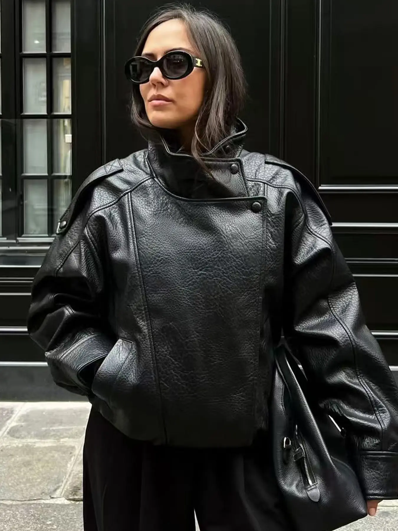 Fashion Oversized Asymmetrical Zip Motorcycle Jacket, Coats