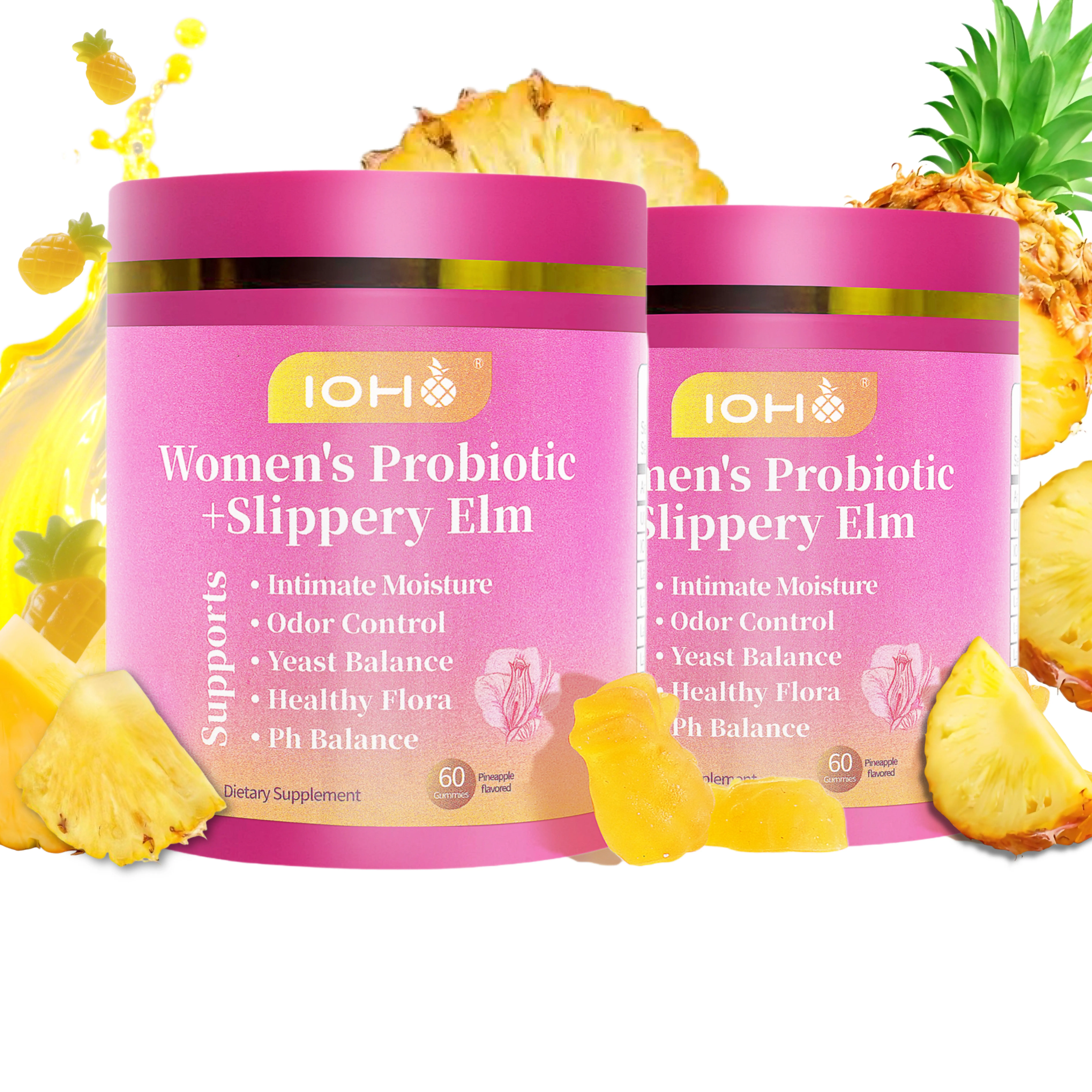 【Gold Plus】IOHO Her Juicy Feminine Probiotics Gummies-All in One Solution with Slippery Elm and Prebiotics&Lactobacillus Probiotic Blend for Women's pH Balance and Dryness-Hawaiian Pineapple Gummies 60 Count women’s probiotics - Supplement