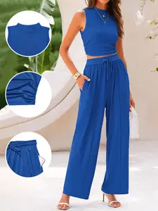 Summer New Women's Two-Piece Set, Sleeveless Round Neck Crop Top, High Waist Wide Leg Pants, Pocketed Casual Knit Home Wear, Fashion Street Sport, Womenswear