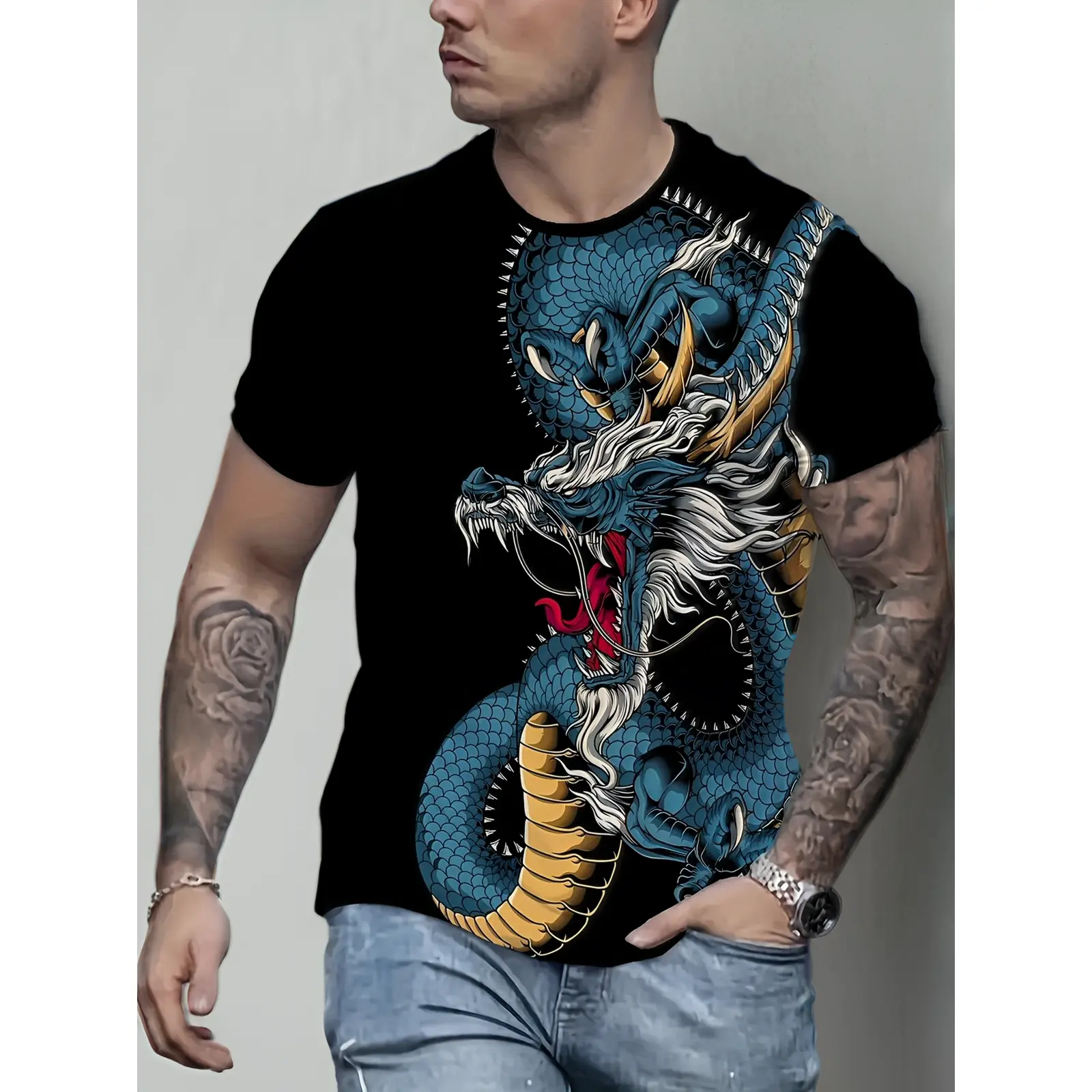 Golden Dragon Creative Men'S Printed Dragon Pattern T-Shirt - Vibrant All-Over Artistic Design, Breathable Round Neck Short Sleeves, Perfect for Summer Casual Wear, Machine Washable, Ideal Holiday Gift, Bold Visual Impact, High-Quality Printing