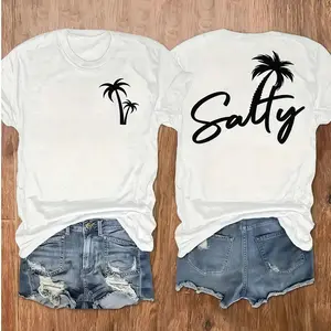 Womens Salty Graphic Tee Short Sleeve Crewneck Summer Beach Vacation Shirt Cute Palm Tree Print Casual Loose Fit Soft Cotton Top