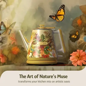 [Upbeat] Jointly-Designed 1 Liter Double Wall Electric Kettle by Eduardo Recife, with Food Grade 304 Stainless Steel, 800W Fast Boiling, Artworks Pasted by Hand Nature Muse