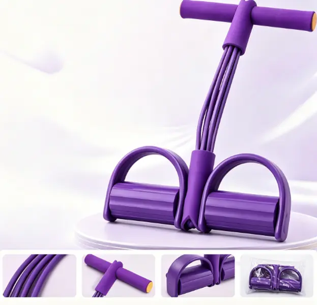Multi-functional pedal resistance band, 4-tube elastic rope, suitable for home yoga, leg exercises, sit-up assistance, full-body stretching, and strength training fitness rope.