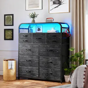 (1 PC) Raybee 11 Drawer Dresser with LED Lights & Charging Station, Tall Dresser for Bedroom Living Room with 2 Tier Wooden Shelves, 4 Hooks, Closet Storage