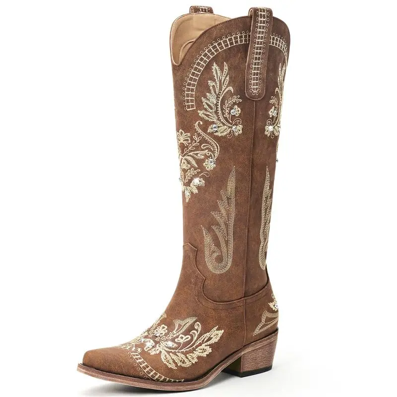 Cowboy Boots For Women - Knee High Western Cowgirl Boots, Sparkly Rhinestone Retro Country Boots With Classic Embroidered, Pointed Toe Chunky Heel Pull On Zipper Fashion Vintage Tall Boots