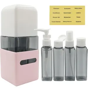 Empty Travel Small Size Pump Bottles Tubes Kit for Toiletries with Labels, Reusable Leakproof Traveling Conditioner Containers Sets for Liquids Lotion Shampoo Foam Soap Face Body Wash, Pink