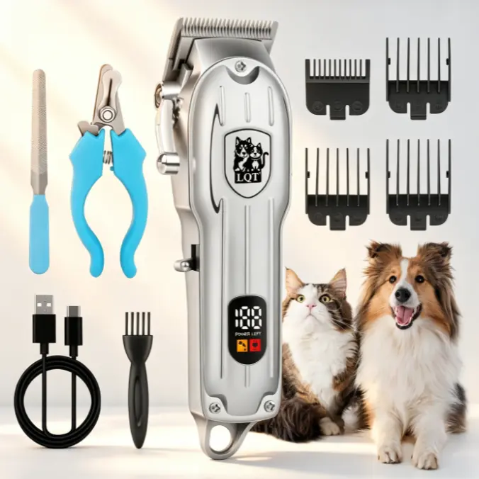 LQT Silver Metal Cordless Pet Hair Clippers Set - LCD Digital Power Display, Low Noise Dog Grooming Kit, USB Rechargeable Shaver with Nail Clippers, Nail File, Guide Combs for Small-Large Pets of All Hair Lengths