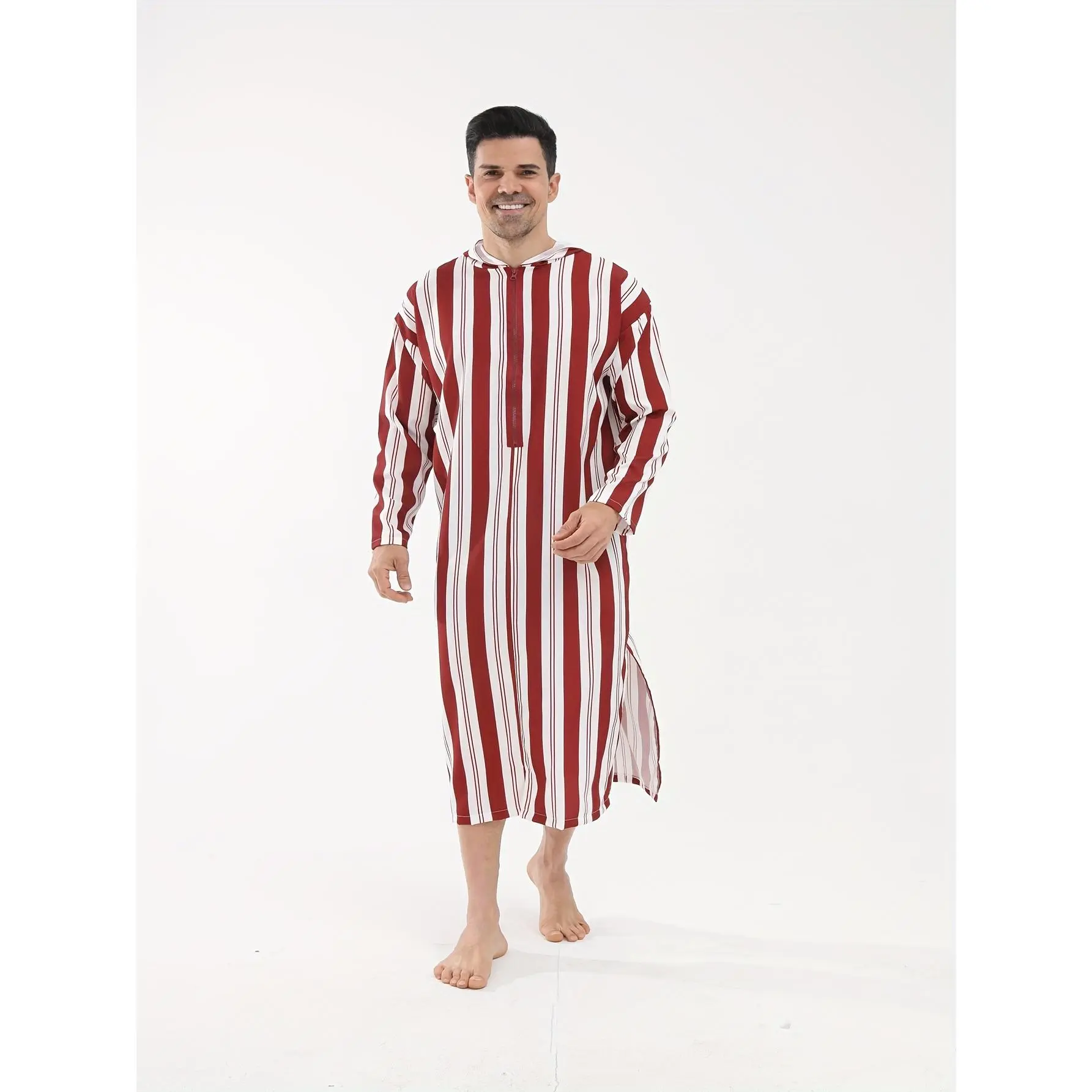 Men'S Red and White Striped Hooded Sleeping Gown - Casual Long Sleeve Robe with Zipper, Loose Fit for All Seasons, Comfortable Clothing |   Casual Robe |   Zippered Robe