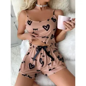 SERACAL 2-Piece Women's Sleepwear Set, Heart & Eyelash Print Sleeveless Cami Top & Elastic Waist Shorts, Breathable Soft Loungewear for Summer, Autumn, Home & Nightwear