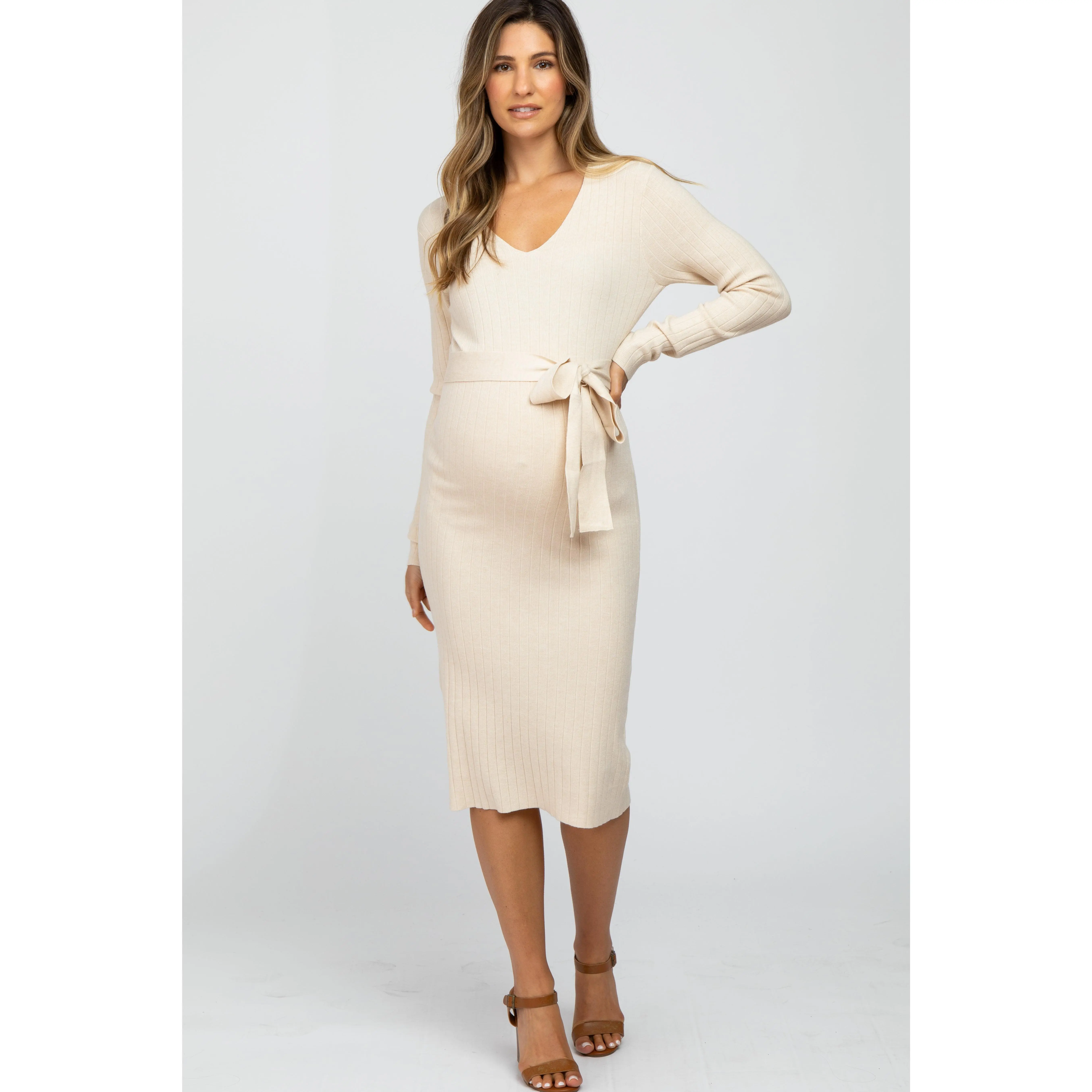 Beige Tie Front Maternity Sweater Midi Dress