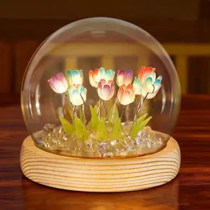 Handmade Artificial Flower Table Lamp with Wooden Base Tulips Night Light Small Glass Flower Lamp for Bedroom Desk Decoration Christmas Gift for Women Daughter Girlfriend