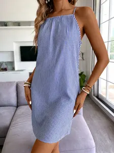 Summer Sweet Girl Blue Striped Dress, Thin Strap Back Bow Short Tank Top, Casual Loose Fit Stripe Dress for Women, Spaghetti Strap