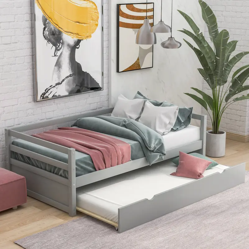 Bellemave Modern Twin Size Convertible Daybed - Classic Round Frame Set, Gray Hideaway Trundle, Full Rails, Solid Pine Construction, Sturdy Design, Cozy Feel, Easy Assembly, Clean Aesthetic, Designer-Inspired Twin Bed, Twin Beds