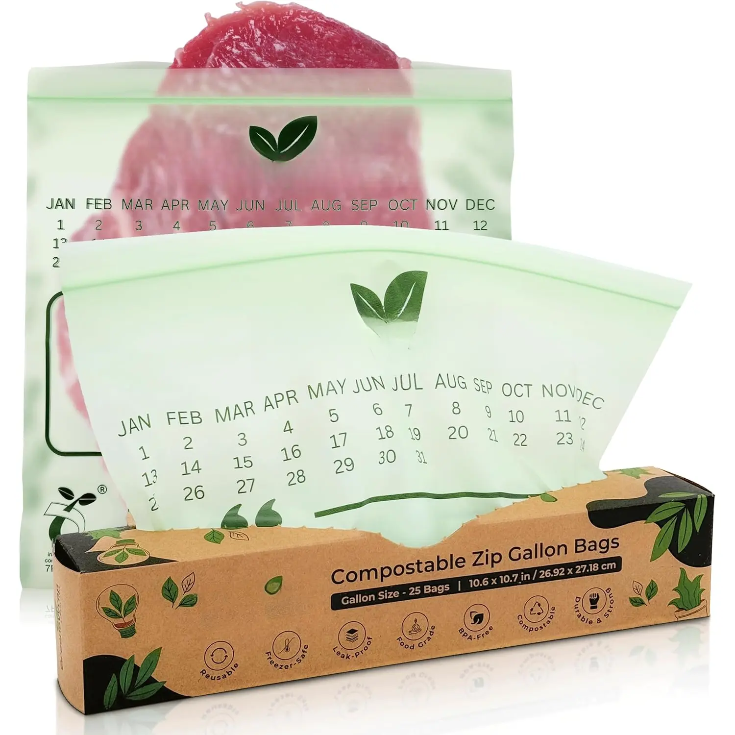 Compostable Gallon Size Zip Bags 25 Count Extra Thick 2 mil Resealable, Leak-Proof, Freezer Safe Disposable  Storage Bags, BPI and OK Compost Home Certified, ASTM D6400