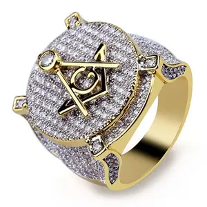 retroAGMasonicringgolden-platedwithzirconpersonalityHipHopmen'sring